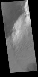 This image captured by NASA's 2001 Mars Odyssey spacecraft shows downslope movement of material from the hill at the top of the image. Linear ridges and channels are visible on the surface to the debris flow deposit.