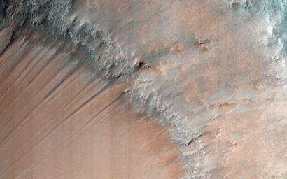 The gullies observed in this image from NASA's Mars Reconnaissance Orbiter are within the valley wall of an ancient channel, Nirgal Vallis, a testament to flowing water in Mars' ancient past.