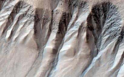 Gullies are often found on steep slopes. In the winter, this area is covered with a layer of carbon dioxide ice (dry ice). In the spring, when the ice warms up and transitions to gas, as seen by NASA's Mars Reconnaissance Rover.