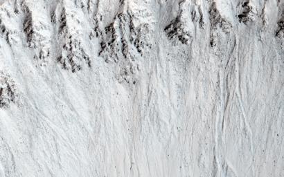 This image from NASA's Mars Reconnaissance Orbiter covers Raga Crater, the location of well-studied recurring slope lineae (RSL). RSL are dark flows that disappear and re-form every Mars year at certain locations.