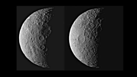 NASA's Dawn spacecraft took this image of dwarf planet Ceres from about 25,000 miles (40,000 kilometers) away on Feb. 25, 2015. Ceres appears half in shadow because of the current position of the spacecraft relative to the dwarf planet and the sun.