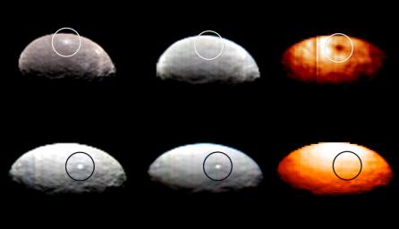 These images, from Dawn's visible and infrared mapping spectrometer (VIR), highlight two regions on Ceres containing bright spots. The top images show a region scientists have labeled '1' while the region labeled '5' is shown in the bottom images.