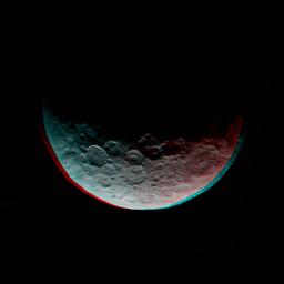 This anaglyph of Ceres is part of a sequence of images taken by NASA's Dawn spacecraft April 24 to 26, 2015, from a distance of 8,500 miles (13,500 kilometers). 3-D glasses are needed to view this image.
