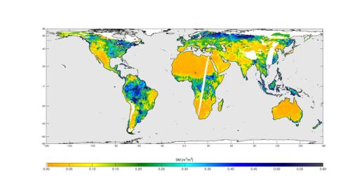 High-resolution global soil moisture map from NASA SMAP's combined radar and radiometer instruments, acquired between May 4 and May 11, 2015 during SMAP's commissioning phase.