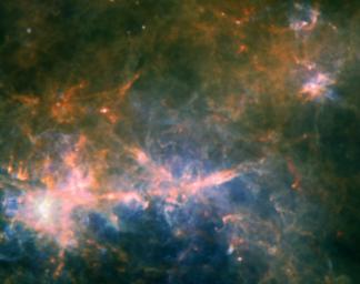 This image from NASA's Herschel space observatory shows a filament called G49, which contains 80,000 suns' worth of mass. Long and flimsy threads emerge from a twisted mix of material, taking on complex shapes.