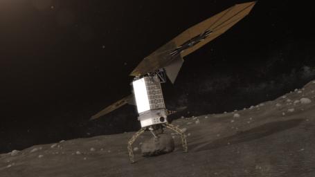 Artists concept of NASA's Asteroid Redirect Robotic (ARM) Mission capturing an asteroid boulder before redirecting it to a astronaut-accessible orbit around Earth's moon.