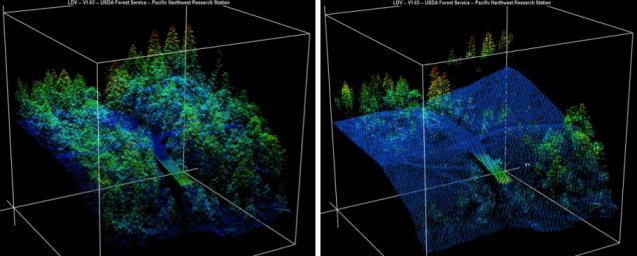 These before-and-after LIDAR images from the 2014 King fire show an area on the west side of the Rubicon River where fire damage was severe.