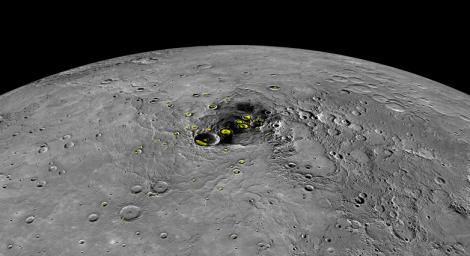 This orthographic projection view from NASA's MESSENGER spacecraft provides a look at Mercury's north polar region. The yellow regions in many of the craters mark locations that show evidence for water ice, as detected by Earth-based radar observations.