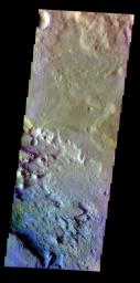 The THEMIS VIS camera contains 5 filters. The data from different filters can be combined in multiple ways to create a false color image. This false color image from NASA's 2001 Mars Odyssey spacecraft show part of the floor of Schaeberle Crater.