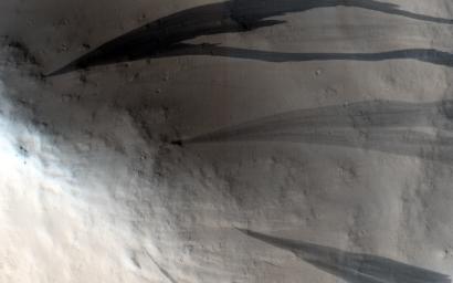 This image from NASA's Mars Reconnaissance Orbiter shows a dusty area of Mars. The dark streaks on the slopes are locations where the dust has slumped downhill revealing a less dusty surface underneath.