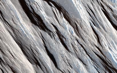 The long straight ridges seen in this image from NASA's Mars Reconnaissance Orbiter are called yardangs and they form on Mars (and Earth) when the wind strips away the inter-ridge material.