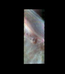 The THEMIS VIS camera contains 5 filters. The data from different filters can be combined in multiple ways to create a false color image. This image from NASA's 2001 Mars Odyssey spacecraft shows the margin of the polar cap in Promethei Chasma.