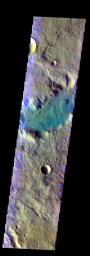 The THEMIS VIS camera contains 5 filters. The data from different filters can be combined in multiple ways to create a false color image. This false color image from NASA's 2001 Mars Odyssey spacecraft shows part of an unnamed channel in Terra Cimmeria.