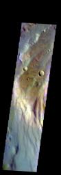 The THEMIS VIS camera contains 5 filters. The data from different filters can be combined in multiple ways to create a false color image. This false color image from NASA's 2001 Mars Odyssey spacecraft shows part of Coracis Fossae.