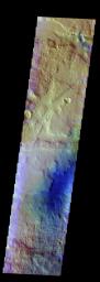 This false color image from NASA's 2001 Mars Odyssey spacecraft shows an unnamed channel on the margin between the higher elevations of Terra Cimmeria and the lower elevations of Elysium Planitia.