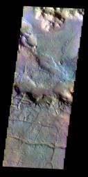 The THEMIS VIS camera contains 5 filters. Data from different filters can be combined in multiple ways to create a false color image. This image from NASA's 2001 Mars Odyssey spacecraft shows the region at the start of Morava Valles in Margaritifer Terra.