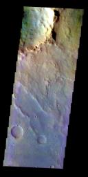 The THEMIS VIS camera contains 5 filters. Data from different filters can be combined in multiple ways to create a false color image. This image from NASA's 2001 Mars Odyssey spacecraft shows the rim and ejecta of an unnamed crater in Xanthe Terra.