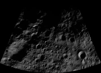 This image of Domitia AV-L-05, from the atlas of the giant asteroid Vesta, was created from images taken as NASA's Dawn mission flew around the object, also known as a protoplanet.