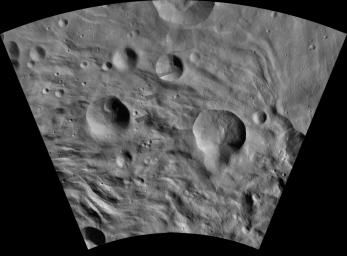 This image of Aquilia AV-L-24, from the atlas of the giant asteroid Vesta, was created from images taken as NASA's Dawn mission flew around the object, also known as a protoplanet.
