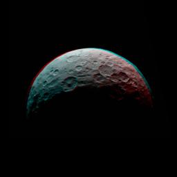 This image of Ceres is part of a sequence taken by NASA's Dawn spacecraft April 24 to 26, 2015, from a distance of 8,500 miles (13,500 kilometers). You need 3-D glasses to view this image.