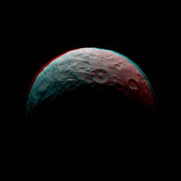 This anaglyph of Ceres is part of a sequence taken by NASA's Dawn spacecraft April 24 to 26, 2015, from a distance of 8,500 miles (13,500 kilometers).