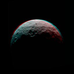 This anaglyph of Ceres is part of a sequence of images taken by NASA's Dawn spacecraft April 24 to 26, 2015, from a distance of 8,500 miles (13,500 kilometers).