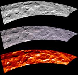 Images from Dawn's visible and infrared mapping spectrometer (VIR) show a portion of Ceres' cratered northern hemisphere, taken on May 16, 2015.