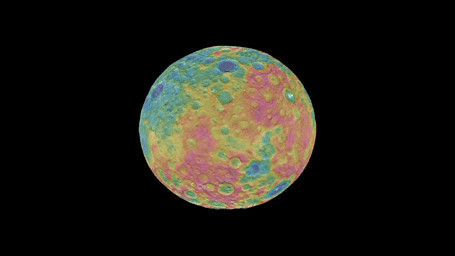 This frame from an animation shows a color-coded map from NASA's Dawn mission revealing the highs and lows of topography on the surface of dwarf planet Ceres.