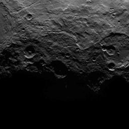 This image, taken by NASA's Dawn spacecraft on June 25, 2015, shows a portion of the southern hemisphere of dwarf planet Ceres from an altitude of 2,700 miles (4,400 kilometers) with a resolution of 1,400 feet (410 meters) per pixel.