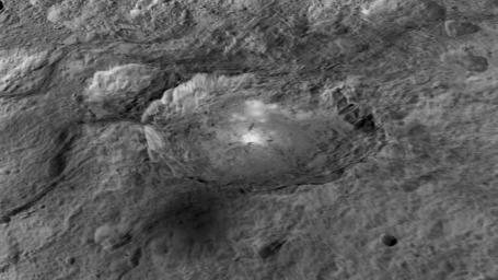 This frame from an animation from NASA's Dawn spacecraft shows intriguing bright spots on Ceres lie in a crater named Occator, which is about 60 miles (90 kilometers) across and 2 miles (4 kilometers) deep.