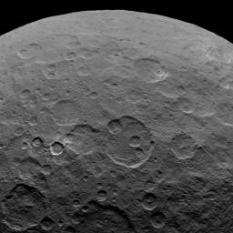 This image, taken on June 7, 2015 by NASA's Dawn spacecraft, shows a portion of the southern hemisphere of Ceres from an altitude of 2,700 miles (4,400 kilometers). The crater at the lower left is called Toharu, which is 54 miles (87 kilometers) wide.