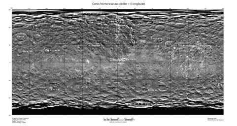 This map of Ceres, constructed from data collected by NASA's Dawn spacecraft, shows the dwarf planet's surface with features that have been named as of August 14, 2015.