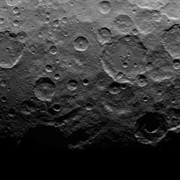 This image, taken by NASA's Dawn spacecraft, shows a portion of the southern hemisphere of dwarf planet Ceres from an altitude of 2,700 miles (4,400 kilometers).