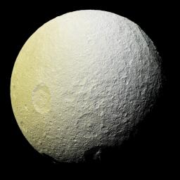 This enhanced-color mosaic from NASA's Cassini spacecraft of Saturn's icy moon Tethys shows a range of features on the moon's trailing hemisphere.