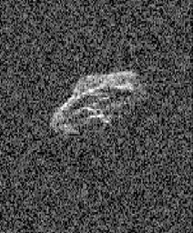 Scientists using two giant, Earth-based radio telescopes bounced radar signals off passing asteroid 2011 UW158 to create images for an animation showing the rocky body's fast rotation. This is a frame from the animation.