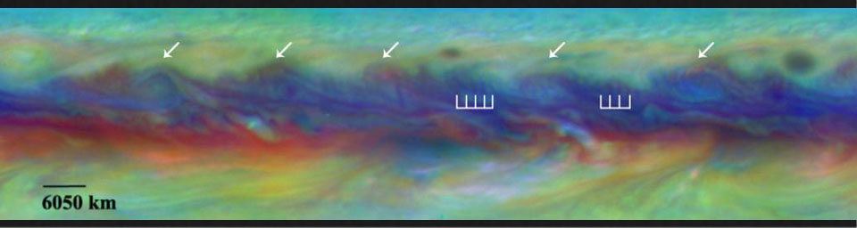 Scientists spotted a rare wave in Jupiter's North Equatorial Belt that had been seen there only once before in this false-color close-up from NASA's Hubble Telescope.
