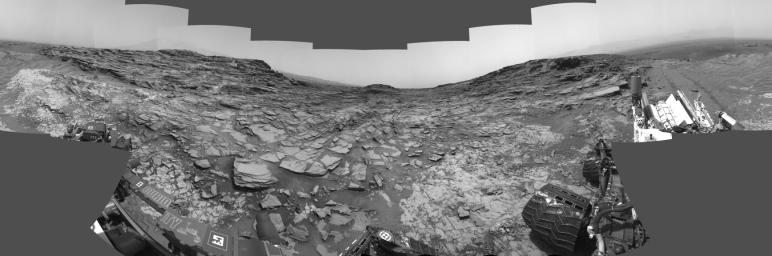 This 360-degree panorama from the Navigation Camera (Navcam) on NASA's Curiosity Mars rover shows the surroundings of a site on lower Mount Sharp where the rover spent its 1,000th Martian day, or sol, on Mars.