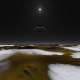 This artist's concept of the frosty surface of Pluto with Charon and our sun as backdrops illustrates that while sunlight is much weaker than it is here on Earth, it isn't as dark as you might expect.