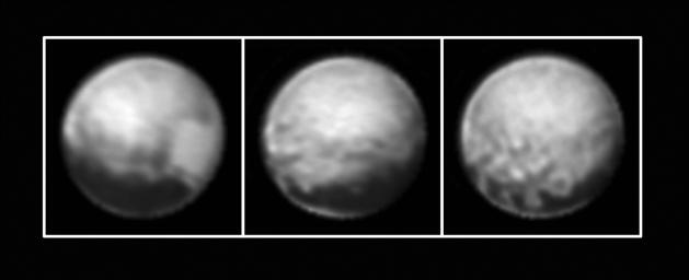 NASA's New Horizons spacecraft obtained these three images of Pluto between July 1-3, 2015, as the spacecraft closed in on its July 14 encounter with the dwarf planet and its moons.