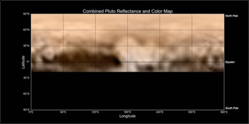 This map of Pluto, created from images taken from June 27-July 3, 2015, by NASA's New Horizons. This map gives mission scientists an important tool to decipher the complex and intriguing pattern of bright and dark markings on Pluto's surface.