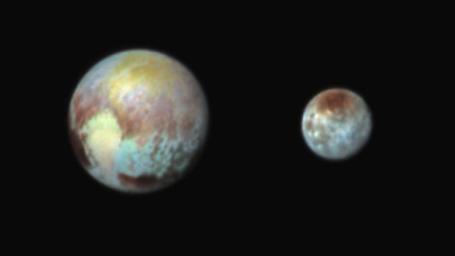 This July 13, 2015, image of Pluto and Charon is presented in false colors to make differences in surface material and features easy to see. It was obtained by the Ralph instrument on NASA's New Horizons spacecraft.