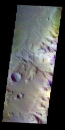 The THEMIS VIS camera contains 5 filters. Data from the filters can be combined in many ways to create a false color image. This image from NASA's 2001 Mars Odyssey spacecraft shows the margin between the highlands of Margaritifer Terra and Eos Chasma.