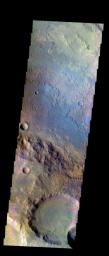 The THEMIS VIS camera contains 5 filters. Data from different filters can be combined in multiple ways to create a false color image. This image from NASA's 2001 Mars Odyssey spacecraft shows part of Oenotria Scopuli, which is the cliff boundary.