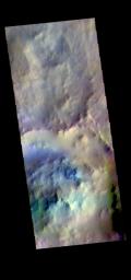The THEMIS VIS camera contains 5 filters. The data from different filters can be combined in multiple ways to create a false color image. This image from NASA's 2001 Mars Odyssey spacecraft shows dunes in an unnamed crater in Noachis Terra.