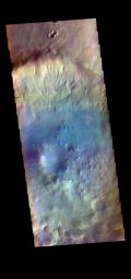The THEMIS VIS camera contains 5 filters. The data from different filters can be combined in multiple ways to create a false color image. This image from NASA's 2001 Mars Odyssey spacecraft shows an unnamed crater in Noachis Terra.