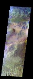 The THEMIS VIS camera contains 5 filters. The data from different filters can be combined in multiple many ways to create a false color image. This false color image from NASA's 2001 Mars Odyssey spacecraft shows part of Candor Chasma.