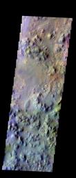 The THEMIS VIS camera contains 5 filters. The data from different filters can be combined in multiple many ways to create a false color image. This image from NASA's 2001 Mars Odyssey spacecraft shows part of Iani Chaos.