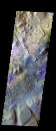 The THEMIS VIS camera contains 5 filters. The data from different filters can be combined in multiple many ways to create a false color image. This false color image from NASA's 2001 Mars Odyssey spacecraft shows Iani Chaos.
