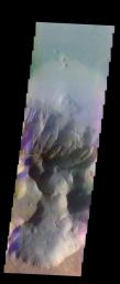 The THEMIS VIS camera contains 5 filters. The data from different filters can be combined in multiple many ways to create a false color image. This image from NASA's 2001 Mars Odyssey spacecraft shows part of Coprates Chasma.