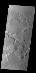 The linear depression in this image from NASA's 2001 Mars Odyssey spacecraft is part of Galaxias Fossae.